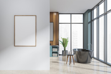 Bathroom interior with bathtub, sink and mirror, tiled floor. Mockup poster