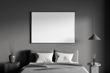 Dark bedroom interior with empty white poster, bed, coffee table