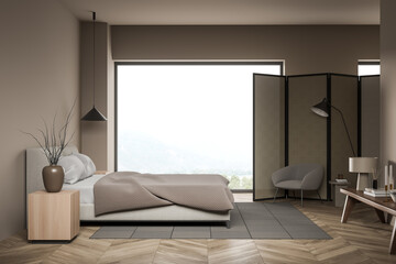 Bright bedroom interior with empty wall, panoramic window, bed, partition