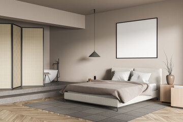 Corner view on bight bedroom interior with empty white poster