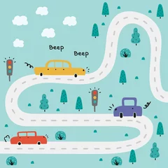  Baby City map with cars, trees, road, text. Hand drawn vector illustration © Mila Dobraya