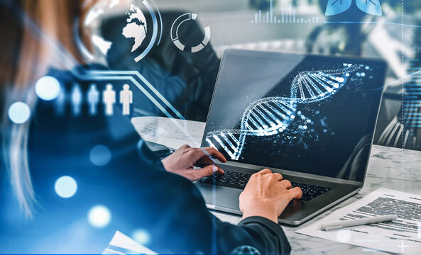 Businesswoman with laptop in office room. DNA hologram and digital icons - Powered by Adobe