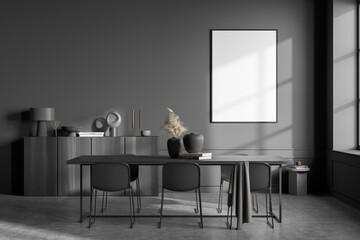 Dark guest room interior with chairs, drawer with decoration, mockup poster