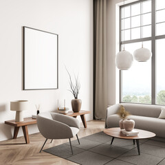 Light guest room interior with armchair and shelf, window and mockup poster