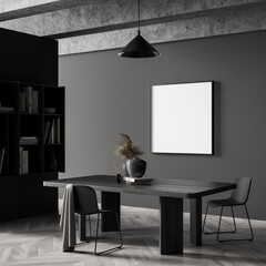 Dark guest room interior with table and chair, shelf with books, mockup poster