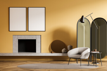Yellow living room with empty canvas and single armchair