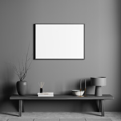Grey exhibition room interior with wooden bench and decoration, mockup poster