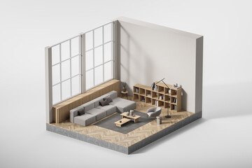 Isometric top view of relaxing room interior with furniture with window, mockup