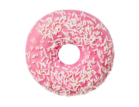 Donut with pink glaze, isolated on white background with clipping path, element of packaging design. Full depth of field.