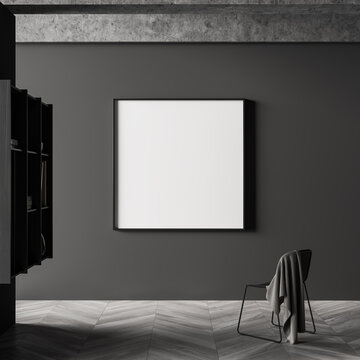 Dark guest room interior with chair and shelf with decoration, mockup poster