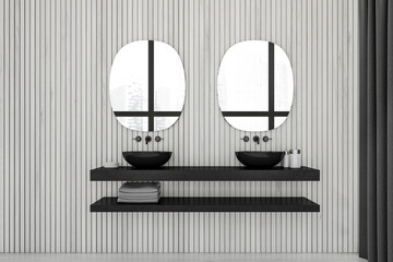 Dark bathroom interior with two oval mirrors, sinks, wooden walls