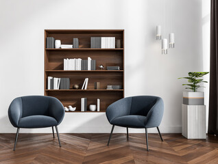 Meeting room interior with two comfortable armchairs, shelves with books