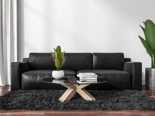 Dark living room interior with black comfortable sofa, coffee table