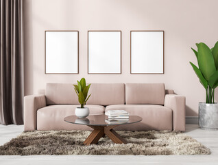 Bright gallery room interior with three empty white posters