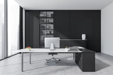 Dark business consulting room interior with furniture and window
