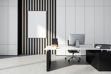 Empty frame in grey office with wall panels