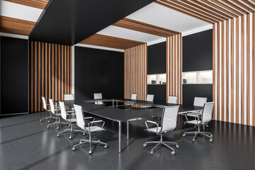 Corner view of O shape dark grey conference room table