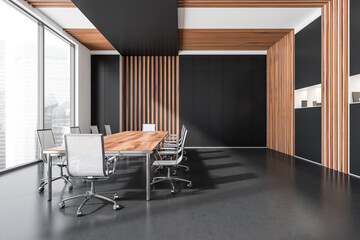 Elegant dark grey and wood conference room