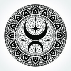 black white ornamental mandala with moon and stars