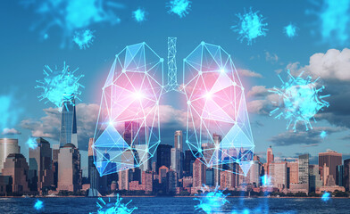 SARS-CoV-2 virus and lungs, panoramic view on New York business center