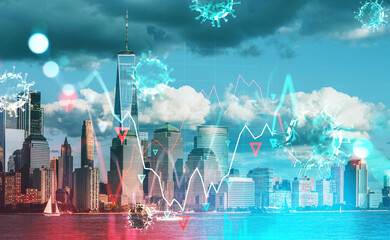 Omicron and New York city skyscrapers, financial chart with lines