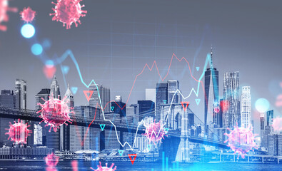 Omicron and New York city skyscrapers, financial chart changes with lines