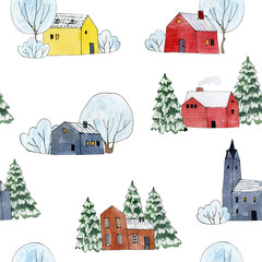 winter digital paper, forest digital paper, cute animal seamless pattern, watercolor woodland christmas clipart, wonderland village