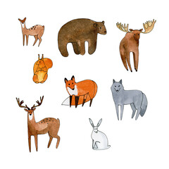 winter forest animal clipart, watercolor woodland animal images, fox, elk, squirrel, deer, white hare, wolf, bear, isolated elements on white background