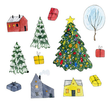 Winter Village Clipart, Watercolor Woodland House, Christmas Scene Creator, Forest Landscape, Christmas Tree, Gift, Isolated Elements On White Background