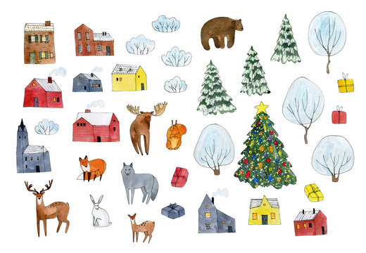 winter forest animal clipart, watercolor woodland house, christmas scene creator, landscape, fox, elk, squirrel, deer, white hare, wolf, bear, tree, isolated elements on white background