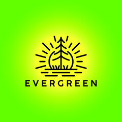 sunrise evergreen line art logo design 