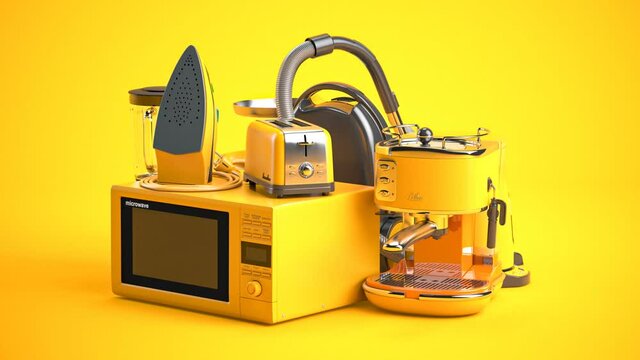 Yellow household kitchen appliances and home technics on yellow background. 3d loopable animation with alpha channel. 3d video
