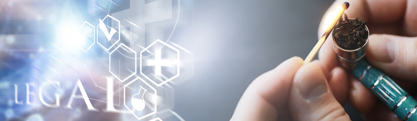 Legalized drugs. Medical prescription smoking drugs. Smoking pipe. A package of narcotic herbs for smoking.