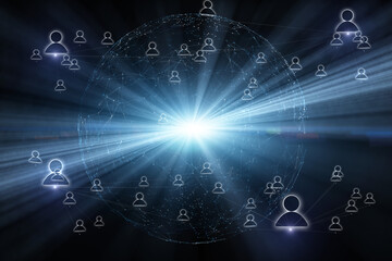 People icons in dark cyberspace with artificial intelligence sphere planet illustration background. 