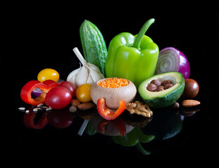 Different vegetables on reflective black background