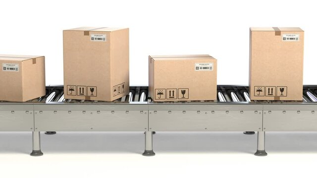 Cardboard boxes on conveyor belt iisolated on white. Delivery and packaging service. Loopable animation alpha channel.