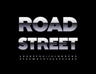 Vector modern template Road Street. Glossy Silver Font. Metallic Alphabet Letters and Numbers set