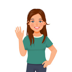 happy young woman with hand on her waist, smiling, waving hand cheerfully saying hi, hello nice to meet you, welcoming people with informal greeting gesture © Tenstudio