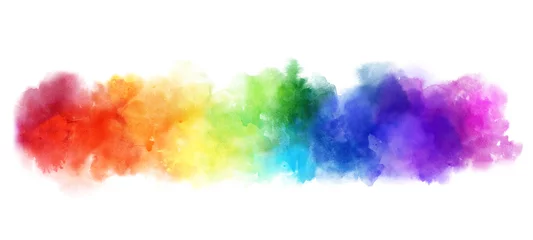 Poster Vibrant Rainbow watercolor banner background on white. Pure vibrant watercolor colors. Creative paint gradients, fluids background © Taiga