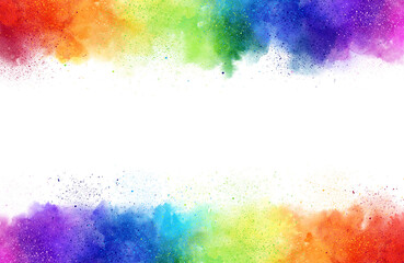 Rainbow watercolor frame background on white. Pure vibrant watercolor colors. Creative paint gradients, fluids, splashes and stains.  Creative design background. - 479318144