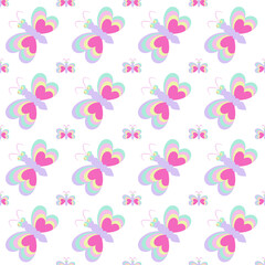Seamless colorful butterfly repeat pattern on white background. colorful butterfly silhouette, cute girly pastel pattern.Vector isolate flat design pattern for porcelain,fabric, clothes,wallpaper,tile