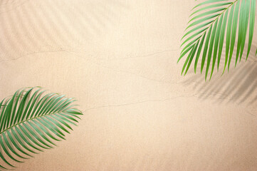 Tropical palm leaves and shadown lay down on sand floor minimal  summer background concept