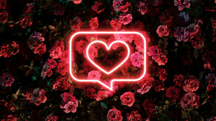 Happy valentine's day with pink light neon on background flower premium photo - obrazy, fototapety, plakaty