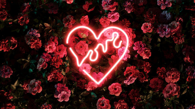 Happy valentine's day with pink light neon on background flower premium photo