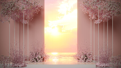 Happy valentine's day with 3d pedestal and sunset background premium photo