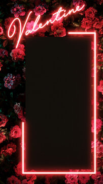 Happy valentine's day poster with pink light neon on background flower premium photo