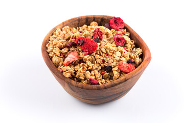 Muesli oat cereals close up background with dry fruits