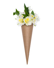 A bouquet of white flowers and leaves in a craft package, isolated on a white background.