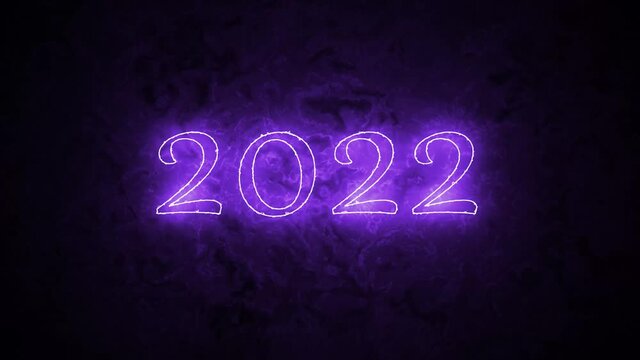 Happy New Year. Violet neon light background, glowing flashing 2022 neon text background.
