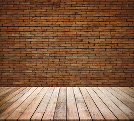 Old wood table with abstract old brick wall with light background for product display